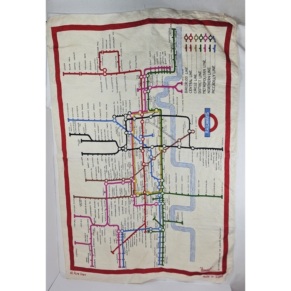Vintage London Underground Map Tea Towel Linen Lamont Ireland Railways